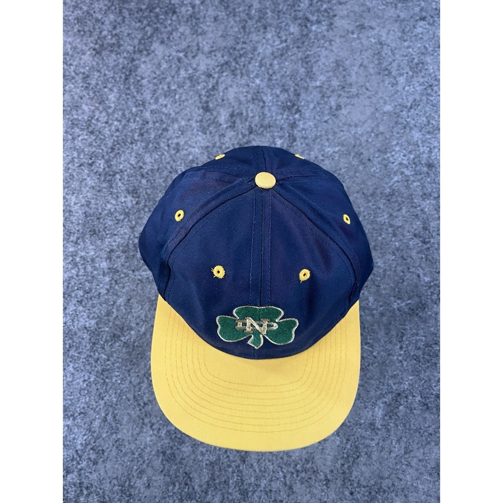 Vintage Notre Dame Logo 7 Snapback Hat Cap Script Spellout Shamrock Navy Yellow - Picture 3 of 8